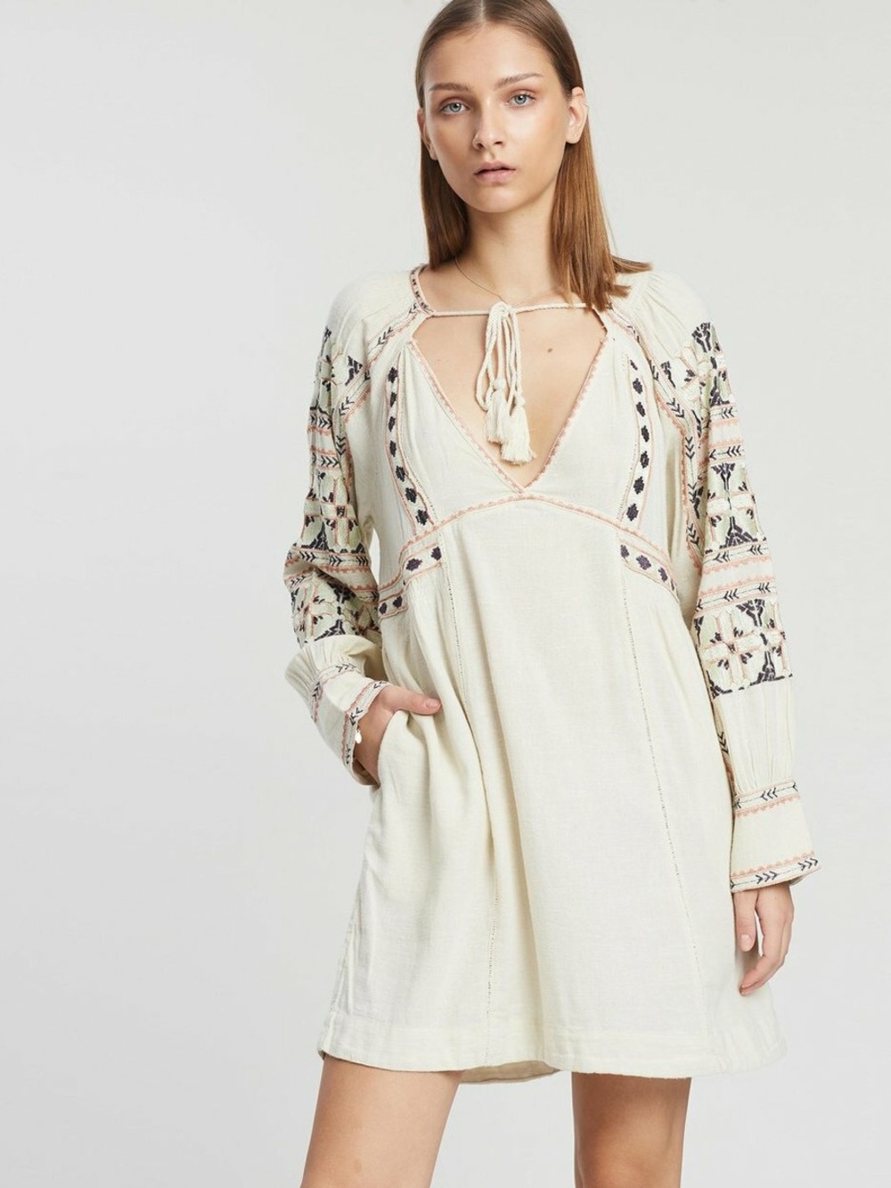 Free People All My Life Embroidered Boho Dress V-Neck Long Sleeve Cream size S - Picture 4 of 16